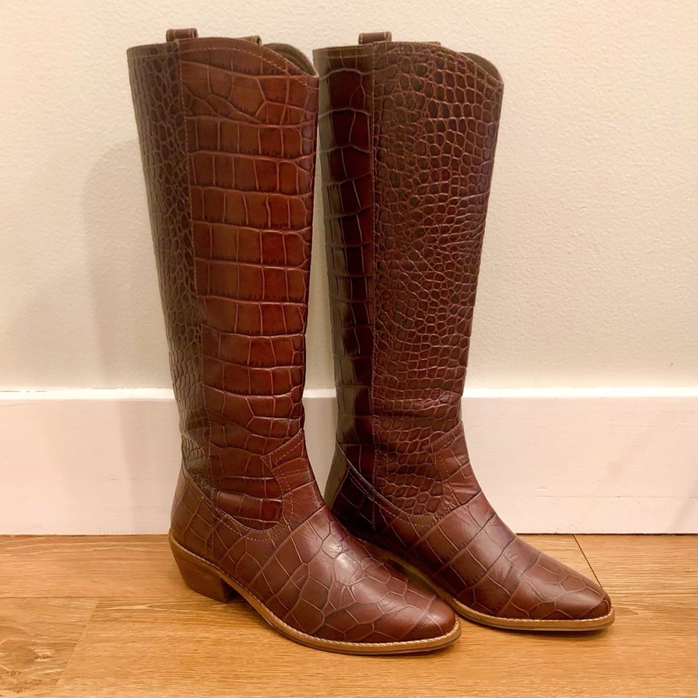 Boden Mahogany Faux Croc Boots